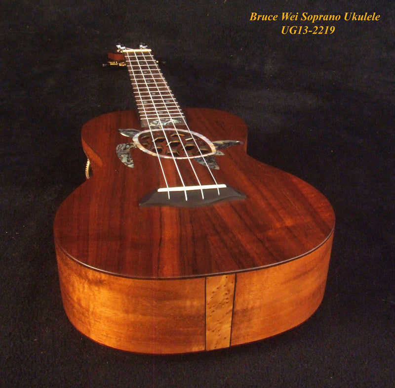 Handmade Soprano Ukulele Solid Hawaiian Koa, Turtle Soundhole, Soft-bag, Bruce Wei UG13-2219