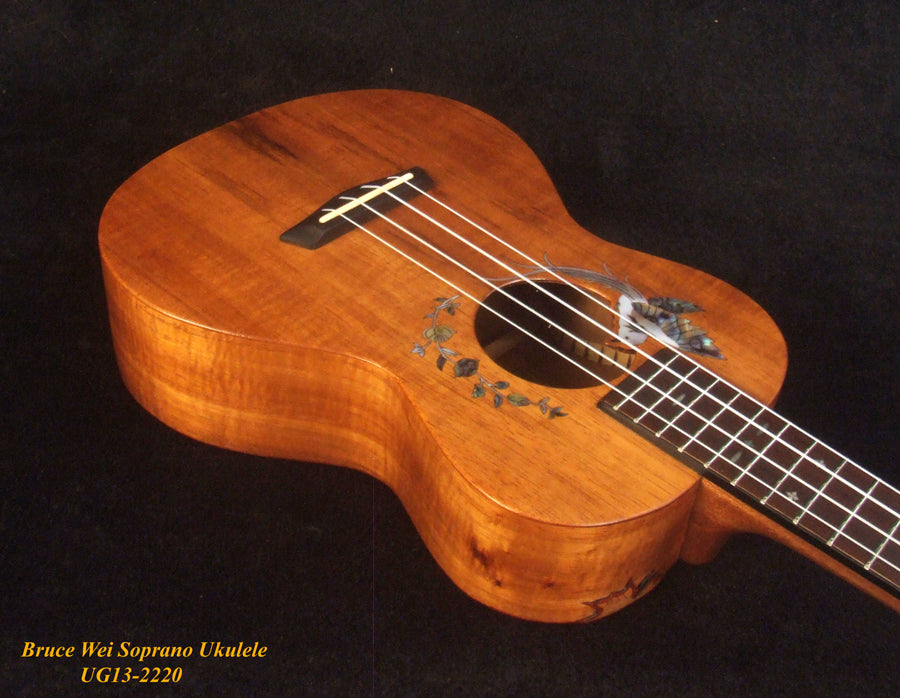 Handmade Solid Hawaiian Koa Soprano Ukulele, Bird & Floral Inlay, Soft-bag, Bruce Wei UG13-2220