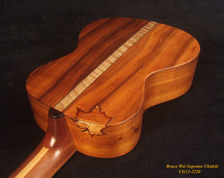 Handmade Solid Hawaiian Koa Soprano Ukulele, Bird & Floral Inlay, Soft-bag, Bruce Wei UG13-2220