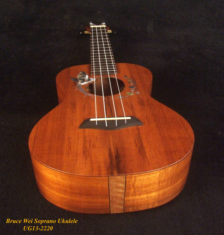 Handmade Solid Hawaiian Koa Soprano Ukulele, Bird & Floral Inlay, Soft-bag, Bruce Wei UG13-2220