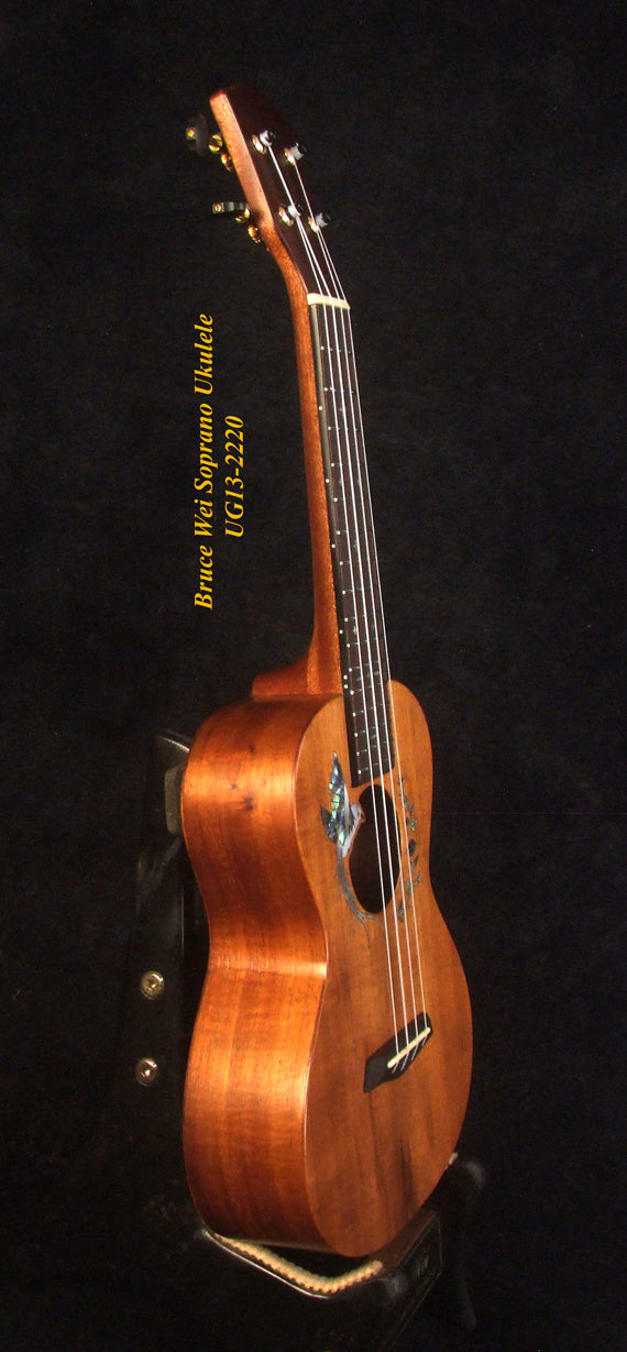 Handmade Solid Hawaiian Koa Soprano Ukulele, Bird & Floral Inlay, Soft-bag, Bruce Wei UG13-2220