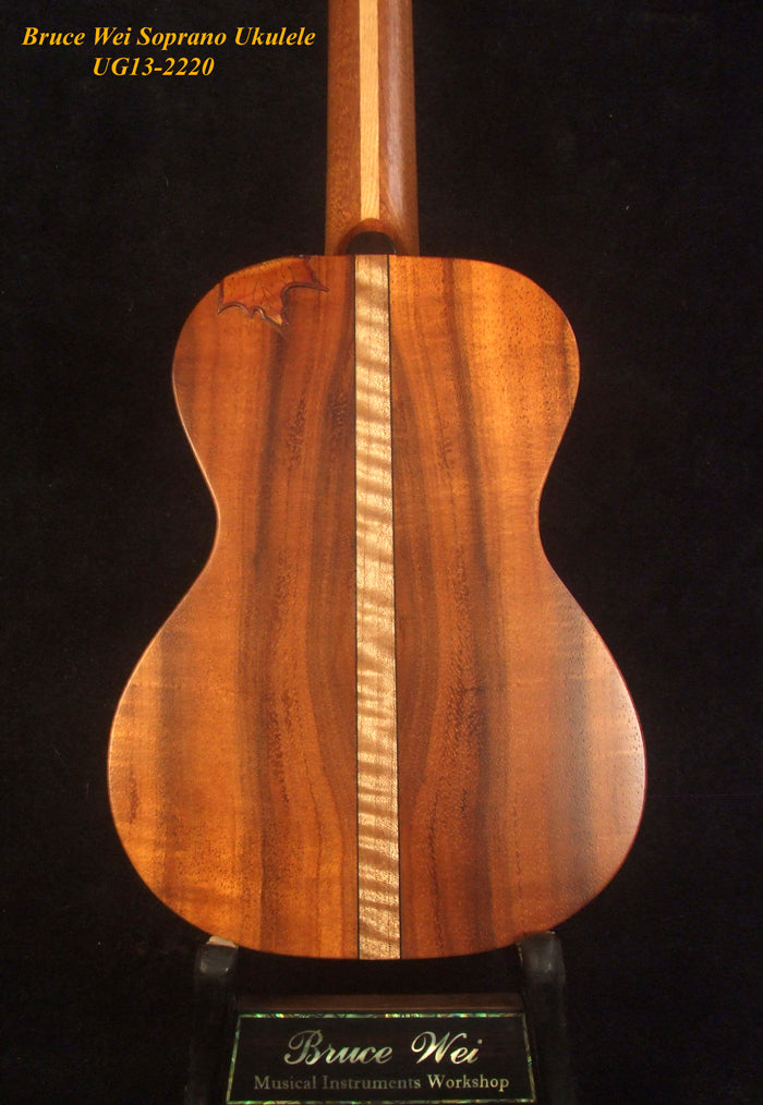 Handmade Solid Hawaiian Koa Soprano Ukulele, Bird & Floral Inlay, Soft-bag, Bruce Wei UG13-2220