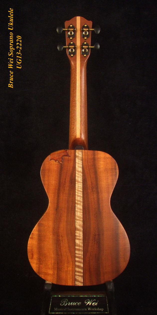 Handmade Solid Hawaiian Koa Soprano Ukulele, Bird & Floral Inlay, Soft-bag, Bruce Wei UG13-2220