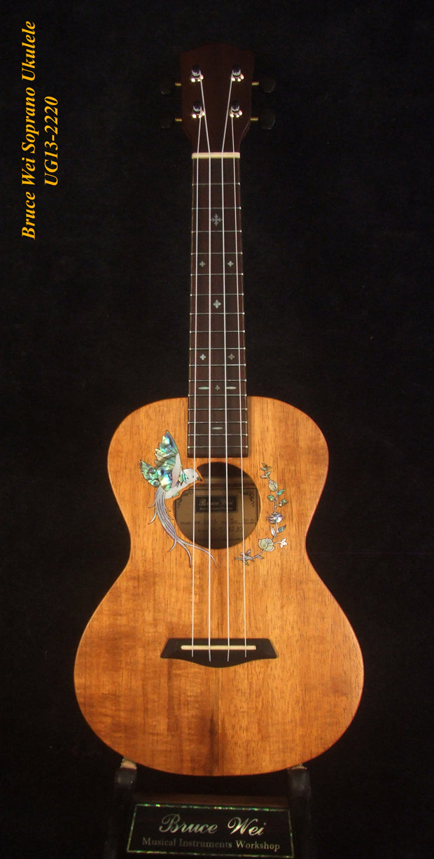 Handmade Solid Hawaiian Koa Soprano Ukulele, Bird & Floral Inlay, Soft-bag, Bruce Wei UG13-2220