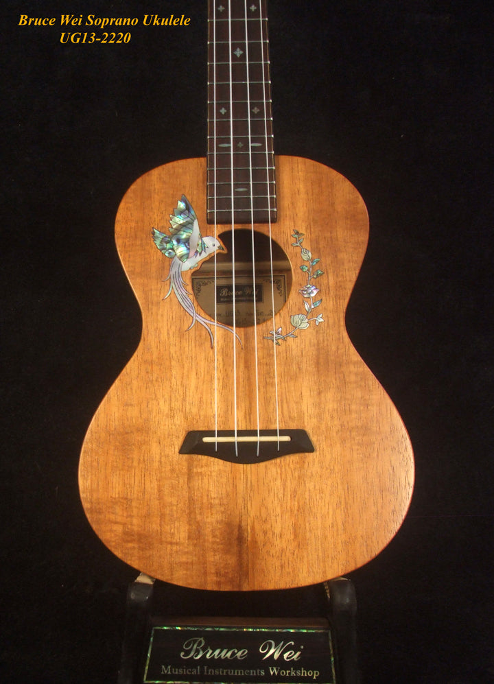 Handmade Solid Hawaiian Koa Soprano Ukulele, Bird & Floral Inlay, Soft-bag, Bruce Wei UG13-2220