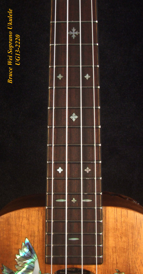 Handmade Solid Hawaiian Koa Soprano Ukulele, Bird & Floral Inlay, Soft-bag, Bruce Wei UG13-2220