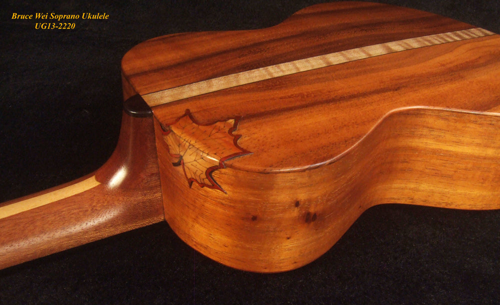 Handmade Solid Hawaiian Koa Soprano Ukulele, Bird & Floral Inlay, Soft-bag, Bruce Wei UG13-2220