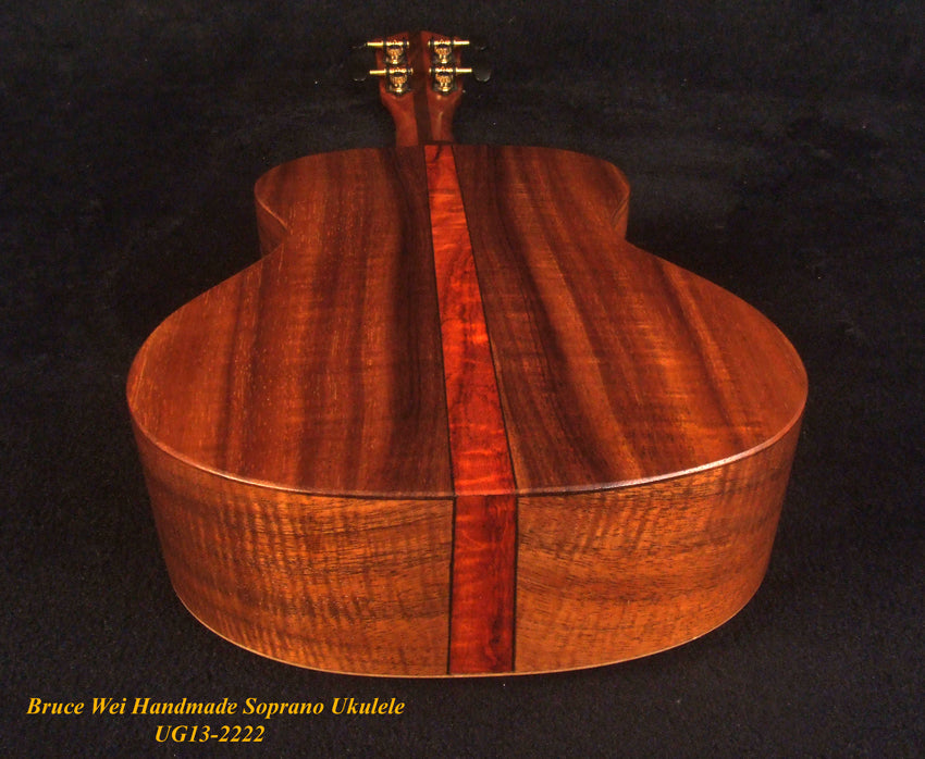 Handmade Soprano Ukulele, Solid Hawaiian Koa, Birdseye Maple, Soft-bag, Bruce Wei UG13-2222