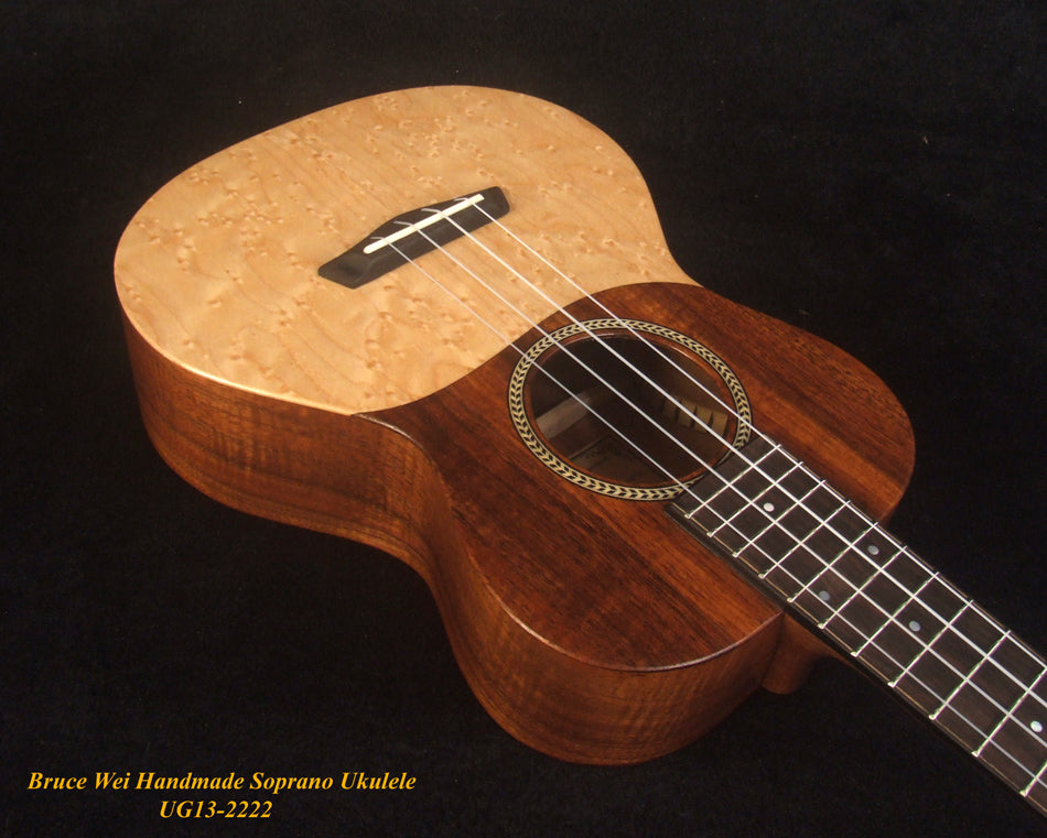 Handmade Soprano Ukulele, Solid Hawaiian Koa, Birdseye Maple, Soft-bag, Bruce Wei UG13-2222