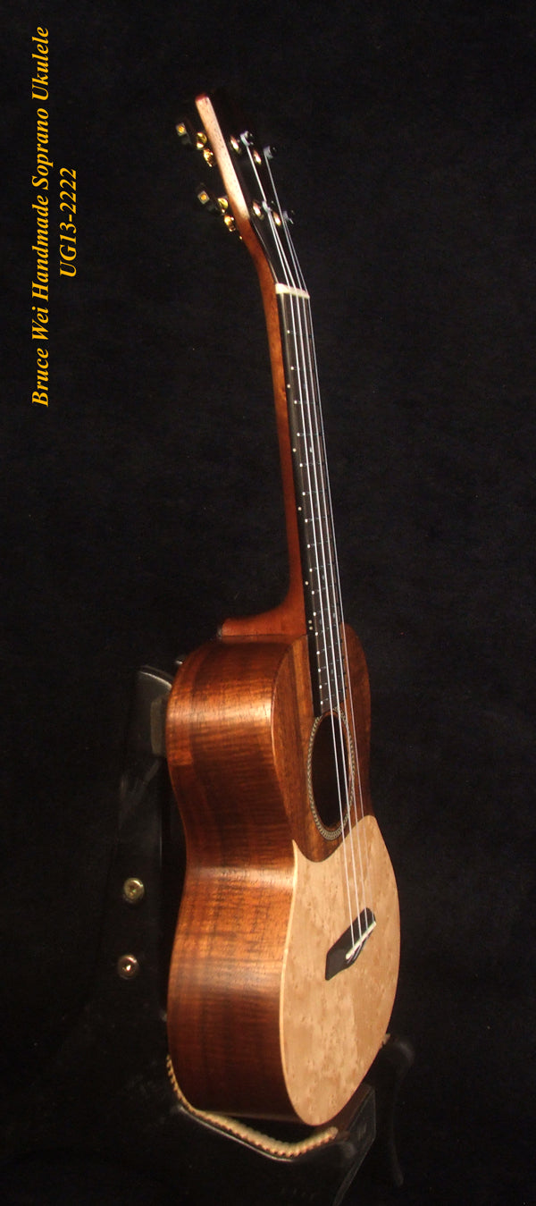 Handmade Soprano Ukulele, Solid Hawaiian Koa, Birdseye Maple, Soft-bag, Bruce Wei UG13-2222