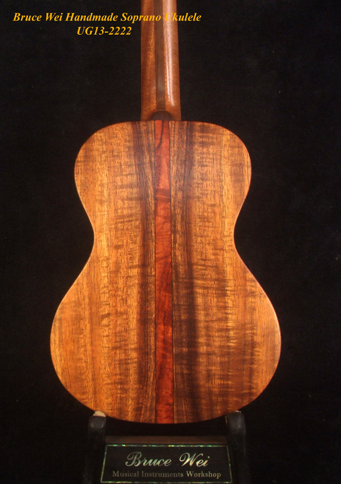 Handmade Soprano Ukulele, Solid Hawaiian Koa, Birdseye Maple, Soft-bag, Bruce Wei UG13-2222