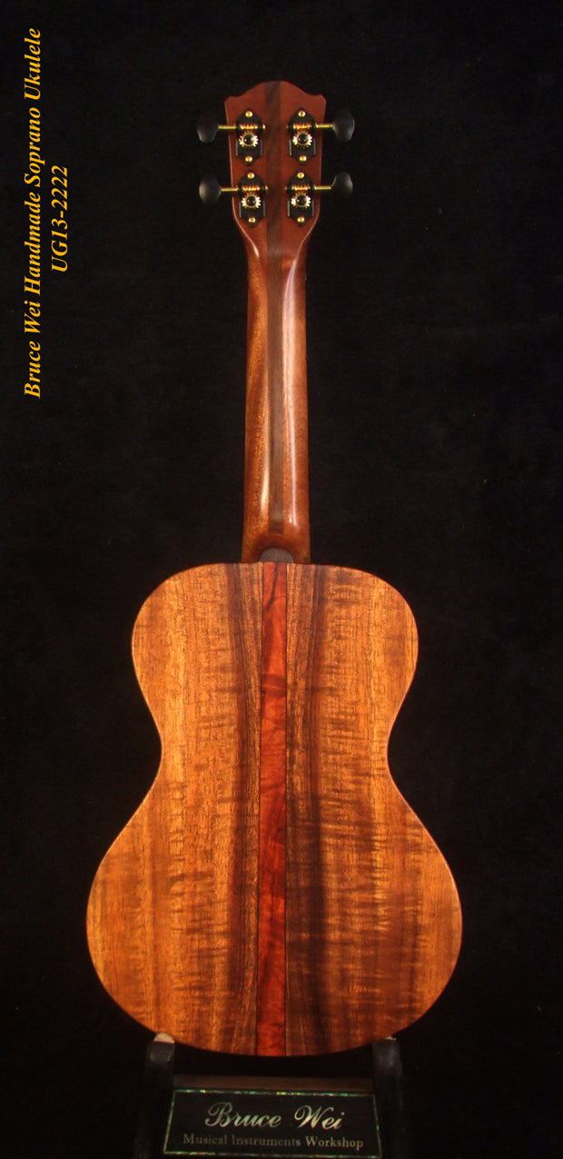 Handmade Soprano Ukulele, Solid Hawaiian Koa, Birdseye Maple, Soft-bag, Bruce Wei UG13-2222