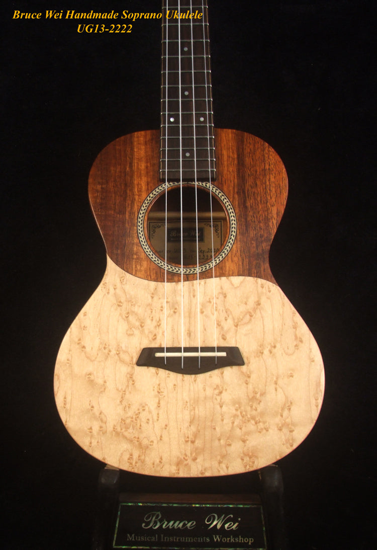 Handmade Soprano Ukulele, Solid Hawaiian Koa, Birdseye Maple, Soft-bag, Bruce Wei UG13-2222