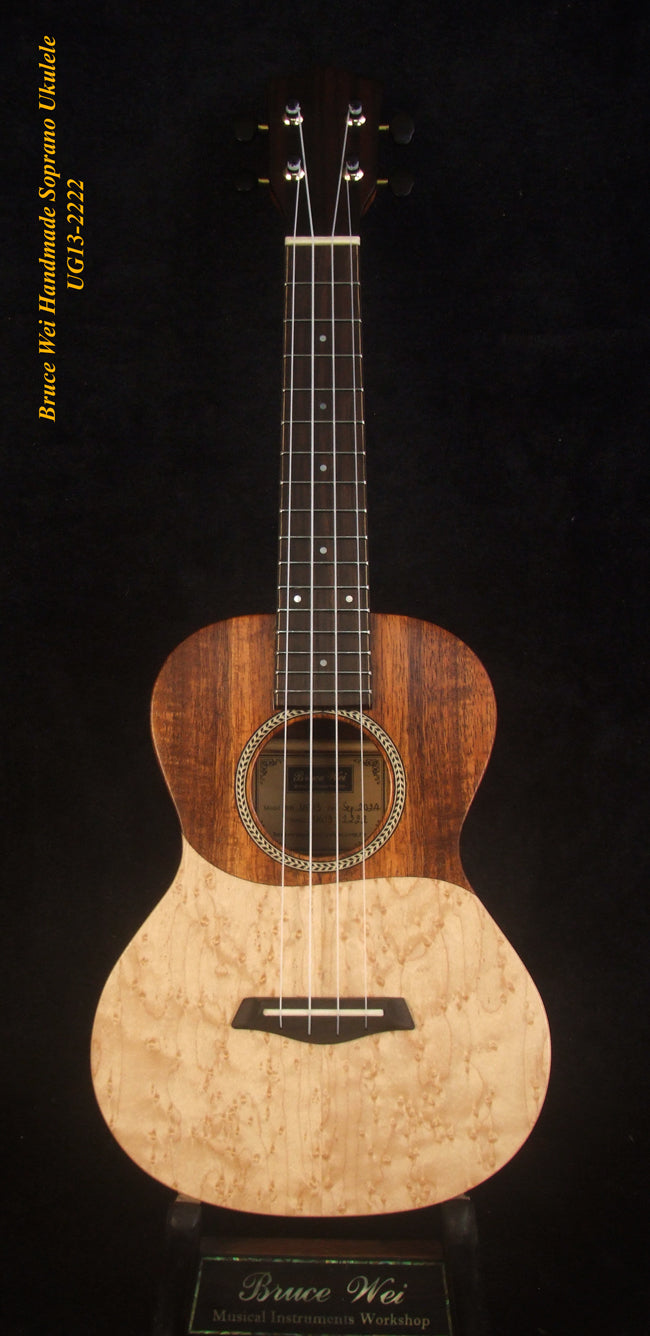 Handmade Soprano Ukulele, Solid Hawaiian Koa, Birdseye Maple, Soft-bag, Bruce Wei UG13-2222