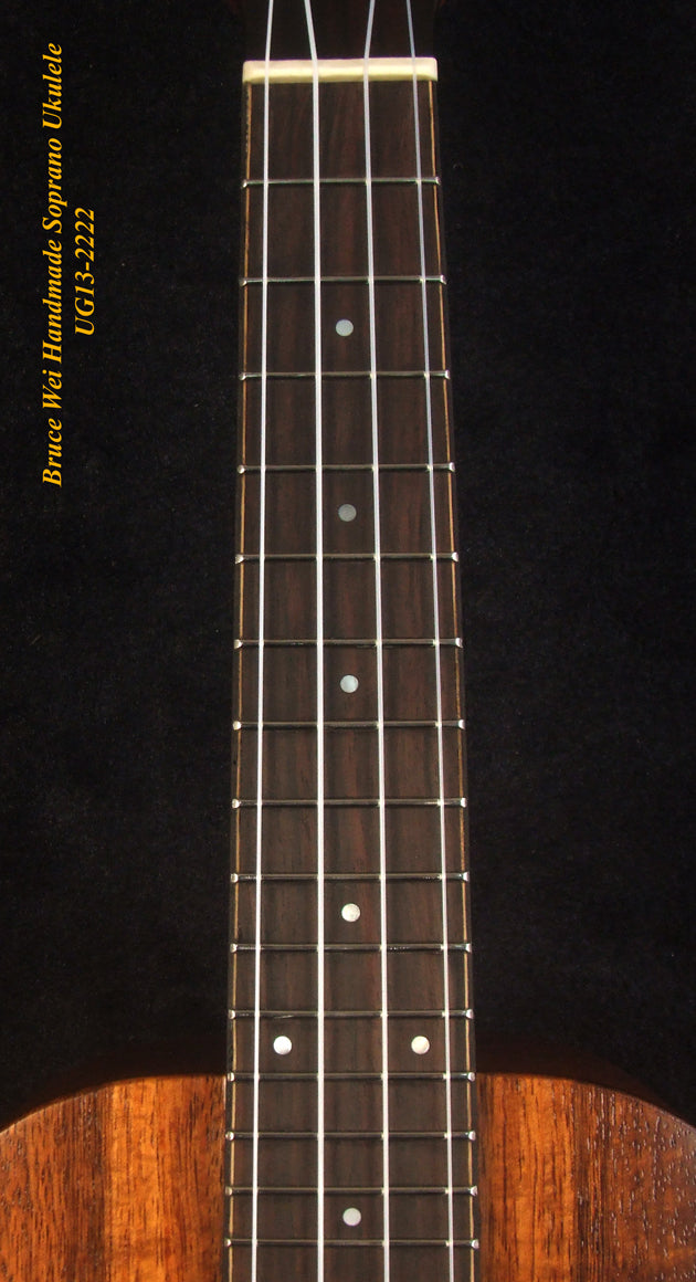 Handmade Soprano Ukulele, Solid Hawaiian Koa, Birdseye Maple, Soft-bag, Bruce Wei UG13-2222