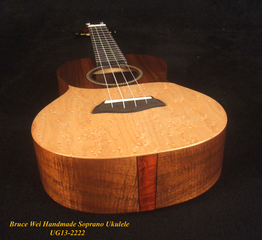 Handmade Soprano Ukulele, Solid Hawaiian Koa, Birdseye Maple, Soft-bag, Bruce Wei UG13-2222