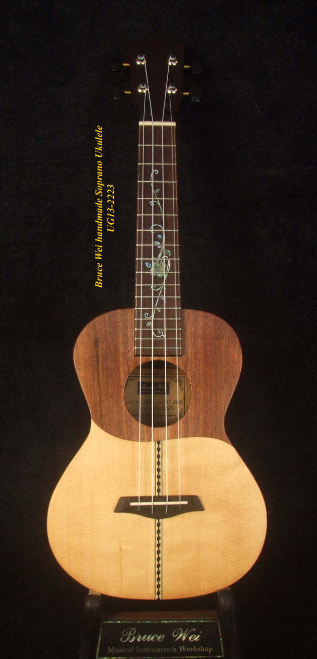 Handmade Soprano Ukulele, Solid Spruce, Curly Phoebe zhennan, Walnut, Leaf Inlay, Soft-bag, Bruce Wei UG13-2223