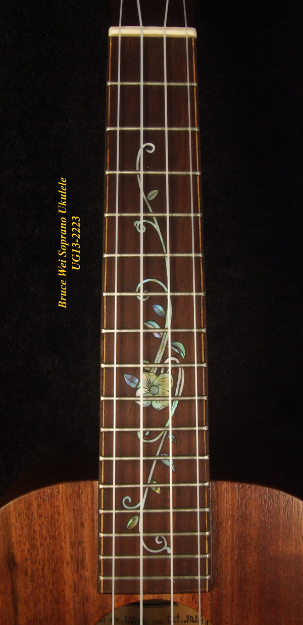 Handmade Soprano Ukulele, Solid Spruce, Curly Phoebe zhennan, Walnut, Leaf Inlay, Soft-bag, Bruce Wei UG13-2223
