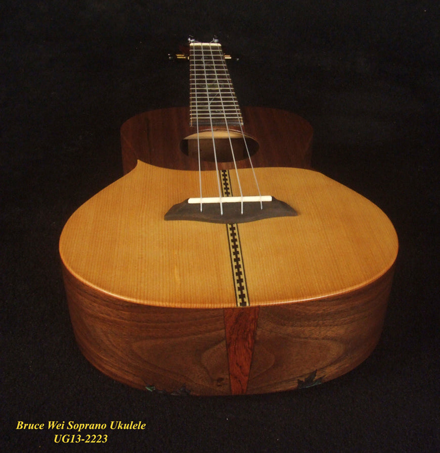 Handmade Soprano Ukulele, Solid Spruce, Curly Phoebe zhennan, Walnut, Leaf Inlay, Soft-bag, Bruce Wei UG13-2223