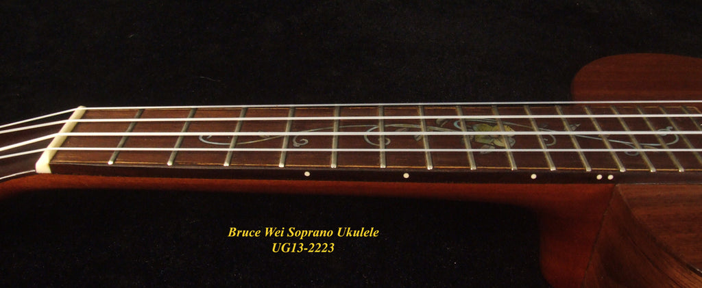 Handmade Soprano Ukulele, Solid Spruce, Curly Phoebe zhennan, Walnut, Leaf Inlay, Soft-bag, Bruce Wei UG13-2223
