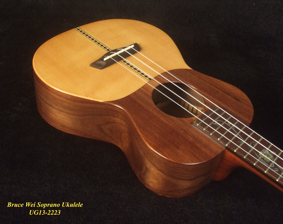 Handmade Soprano Ukulele, Solid Spruce, Curly Phoebe zhennan, Walnut, Leaf Inlay, Soft-bag, Bruce Wei UG13-2223