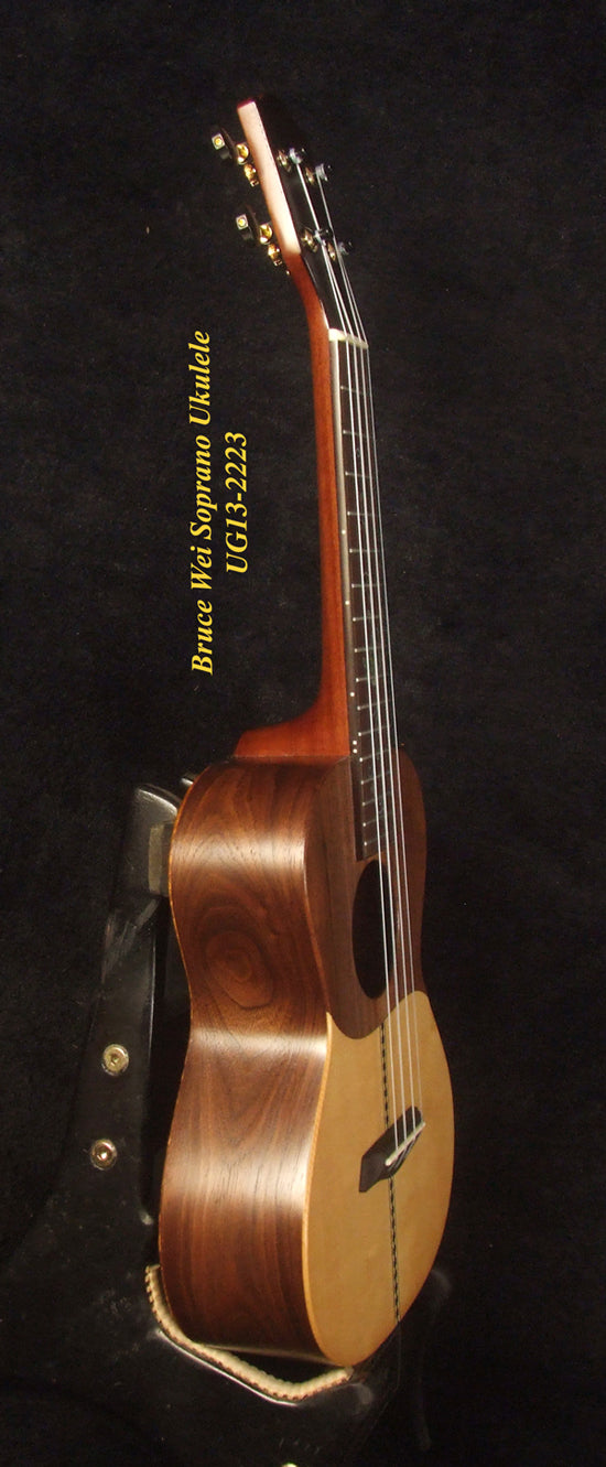 Handmade Soprano Ukulele, Solid Spruce, Curly Phoebe zhennan, Walnut, Leaf Inlay, Soft-bag, Bruce Wei UG13-2223