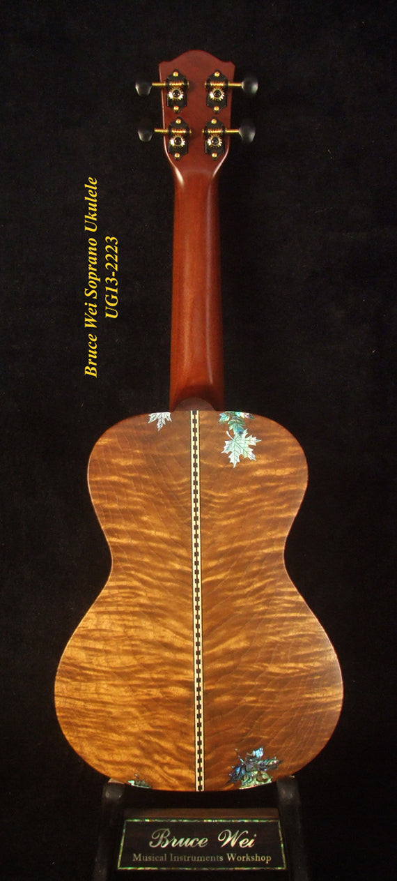 Handmade Soprano Ukulele, Solid Spruce, Curly Phoebe zhennan, Walnut, Leaf Inlay, Soft-bag, Bruce Wei UG13-2223