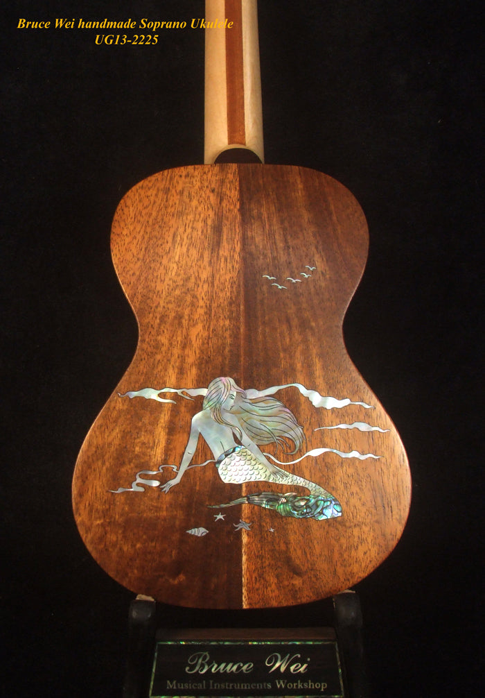 Handmade Soprano Ukulele, Solid Spruce, Hawaiian Koa, Mermaid Inlay, Soft-bag, Bruce Wei UG13-2225