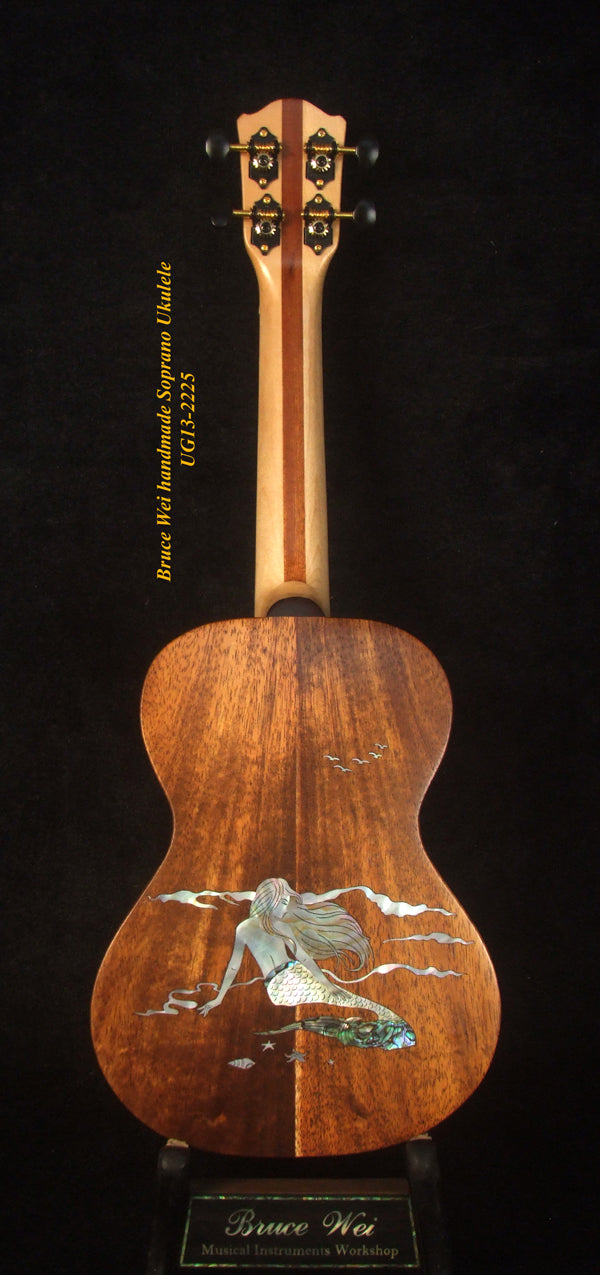 Handmade Soprano Ukulele, Solid Spruce, Hawaiian Koa, Mermaid Inlay, Soft-bag, Bruce Wei UG13-2225