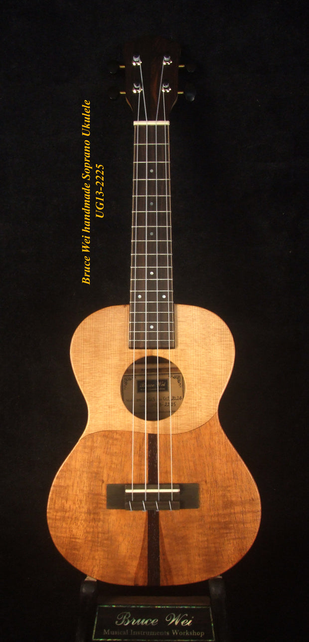Handmade Soprano Ukulele, Solid Spruce, Hawaiian Koa, Mermaid Inlay, Soft-bag, Bruce Wei UG13-2225
