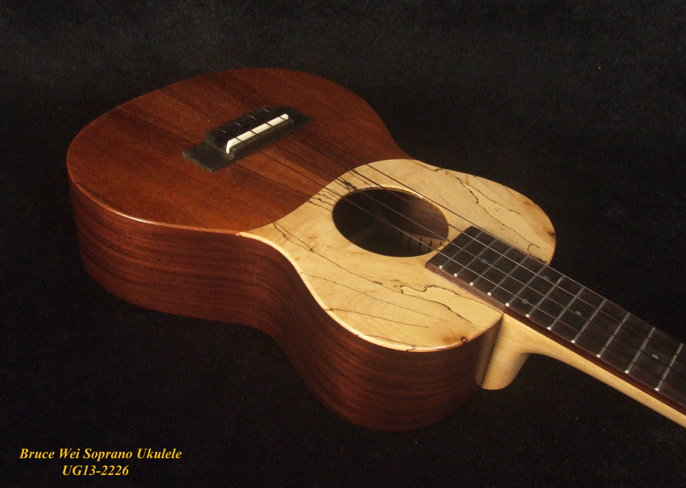 Handmade Soprano Ukulele, Solid Hawaiian Koa, Spalted Maple, Soft-bag, Bruce Wei UG13-2226