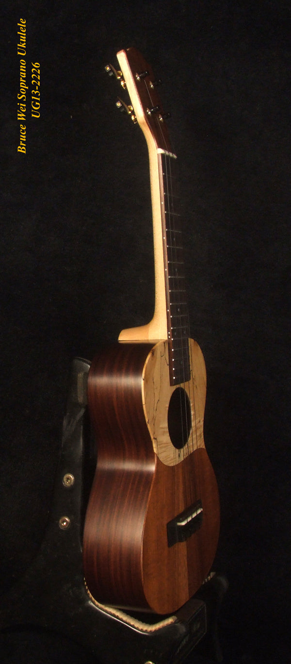 Handmade Soprano Ukulele, Solid Hawaiian Koa, Spalted Maple, Soft-bag, Bruce Wei UG13-2226