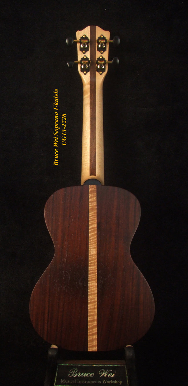 Handmade Soprano Ukulele, Solid Hawaiian Koa, Spalted Maple, Soft-bag, Bruce Wei UG13-2226