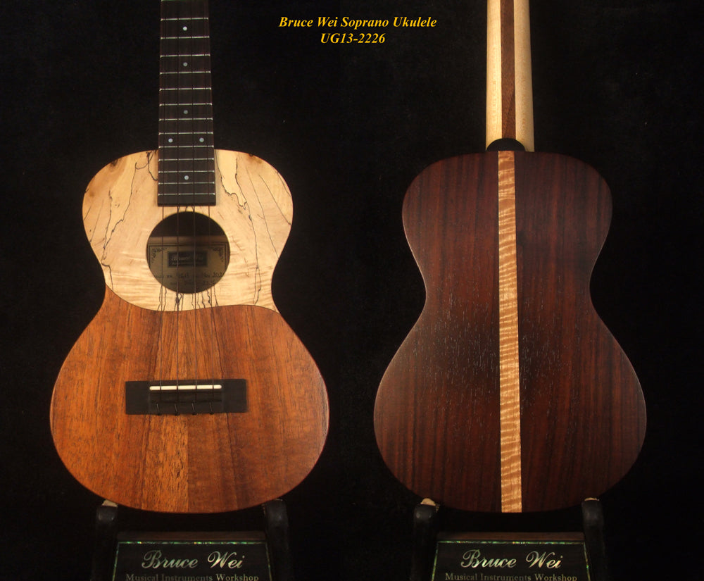Handmade Soprano Ukulele, Solid Hawaiian Koa, Spalted Maple, Soft-bag, Bruce Wei UG13-2226