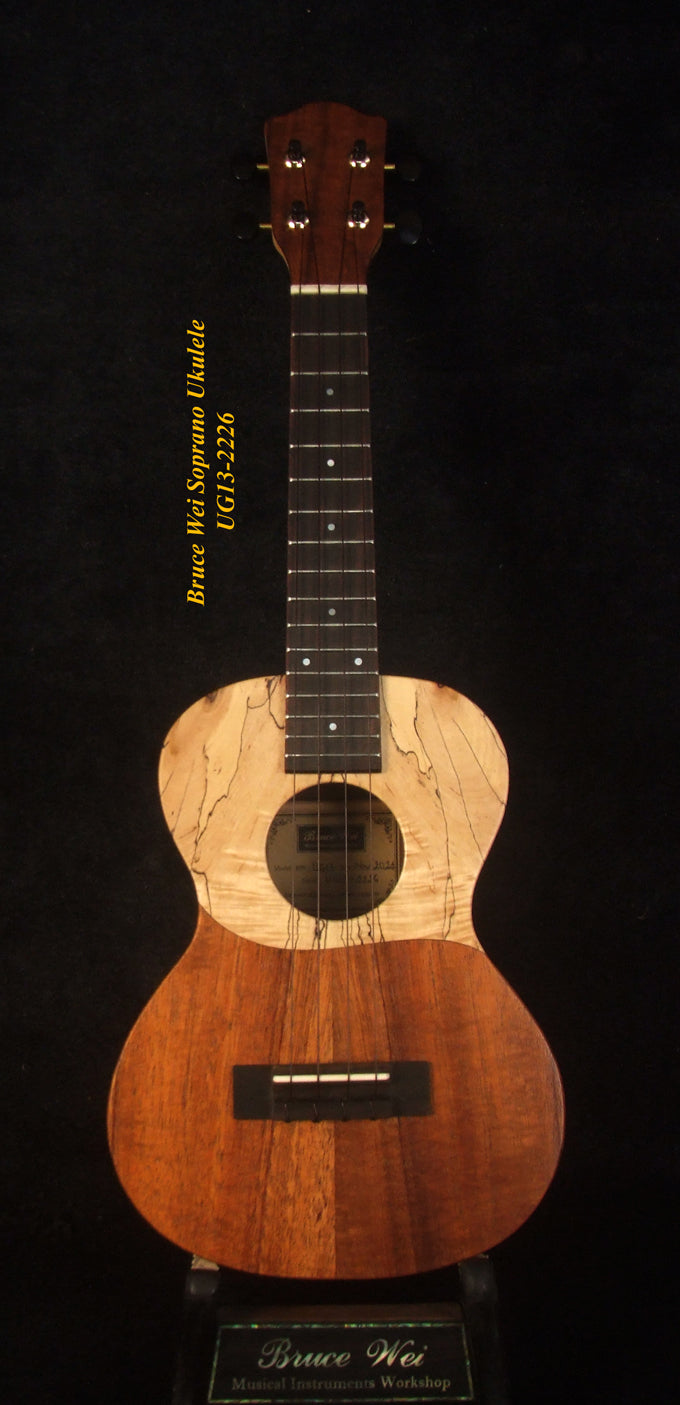 Handmade Soprano Ukulele, Solid Hawaiian Koa, Spalted Maple, Soft-bag, Bruce Wei UG13-2226