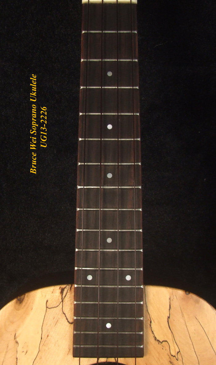 Handmade Soprano Ukulele, Solid Hawaiian Koa, Spalted Maple, Soft-bag, Bruce Wei UG13-2226