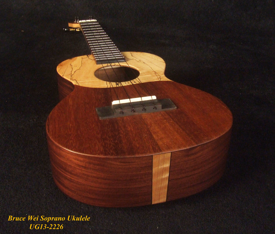 Handmade Soprano Ukulele, Solid Hawaiian Koa, Spalted Maple, Soft-bag, Bruce Wei UG13-2226