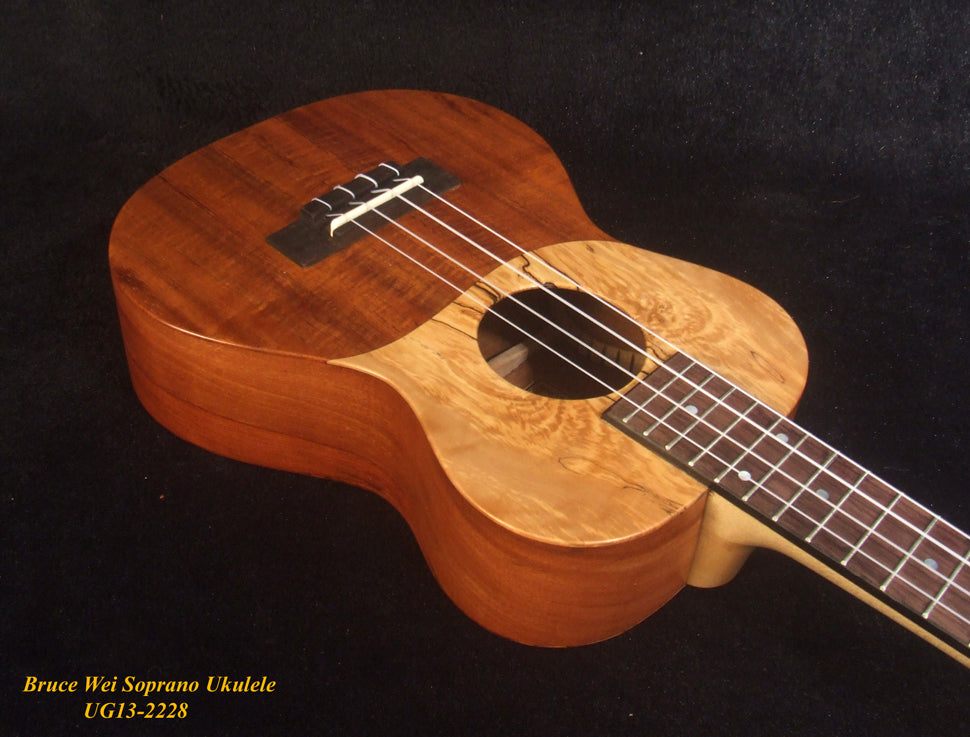 Handmade Soprano Ukulele, Solid Hawaiian Koa, Spalted Maple, Soft-bag, Bruce Wei UG13-2228
