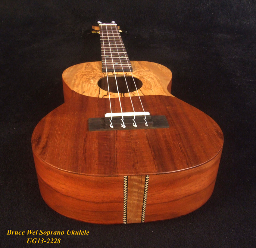 Handmade Soprano Ukulele, Solid Hawaiian Koa, Spalted Maple, Soft-bag, Bruce Wei UG13-2228