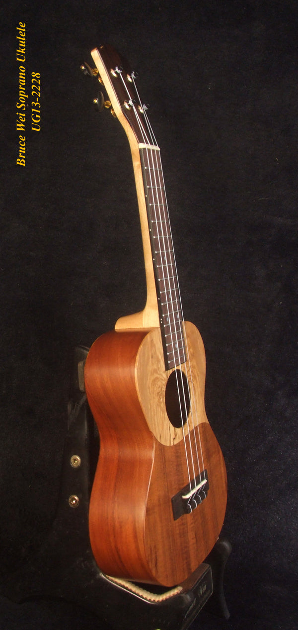 Handmade Soprano Ukulele, Solid Hawaiian Koa, Spalted Maple, Soft-bag, Bruce Wei UG13-2228