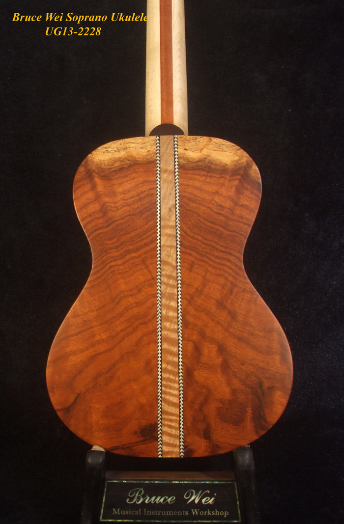 Handmade Soprano Ukulele, Solid Hawaiian Koa, Spalted Maple, Soft-bag, Bruce Wei UG13-2228