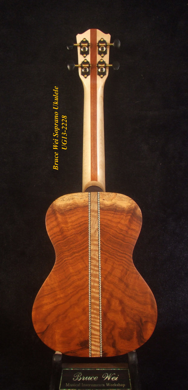 Handmade Soprano Ukulele, Solid Hawaiian Koa, Spalted Maple, Soft-bag, Bruce Wei UG13-2228