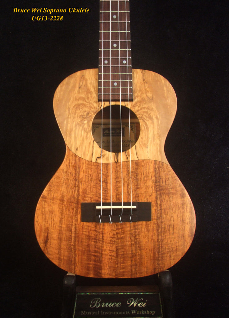 Handmade Soprano Ukulele, Solid Hawaiian Koa, Spalted Maple, Soft-bag, Bruce Wei UG13-2228