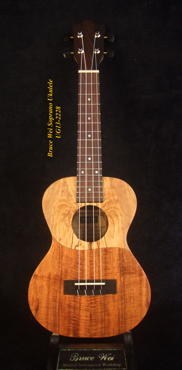 Handmade Soprano Ukulele, Solid Hawaiian Koa, Spalted Maple, Soft-bag, Bruce Wei UG13-2228