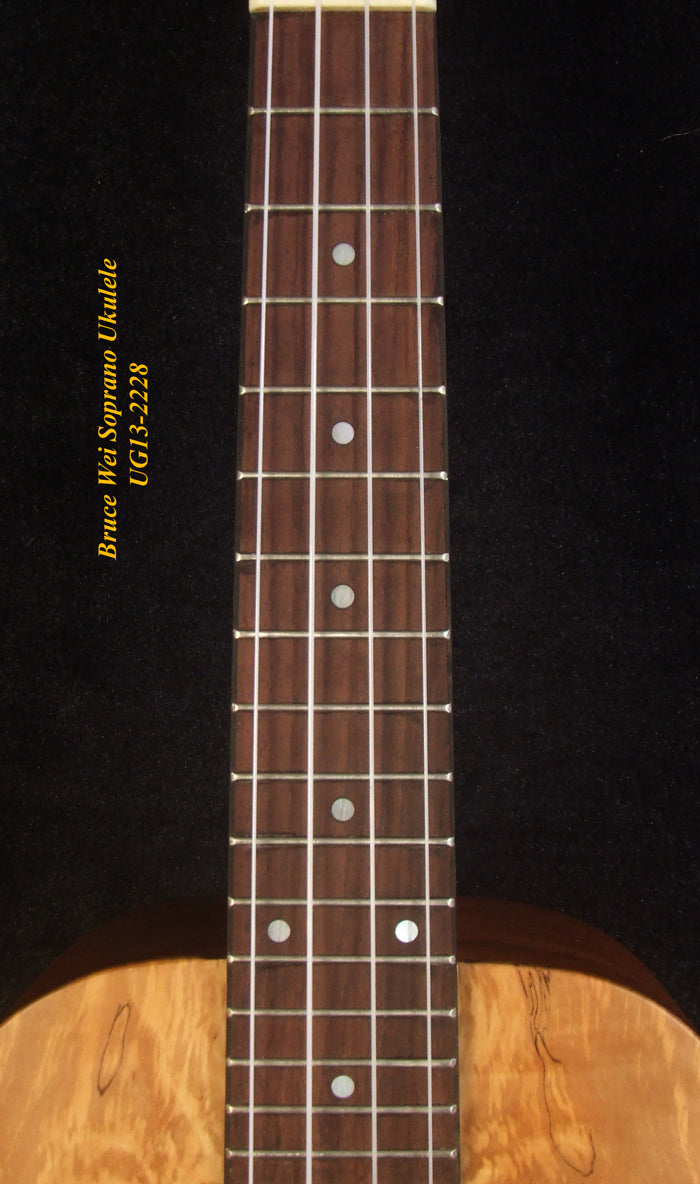 Handmade Soprano Ukulele, Solid Hawaiian Koa, Spalted Maple, Soft-bag, Bruce Wei UG13-2228