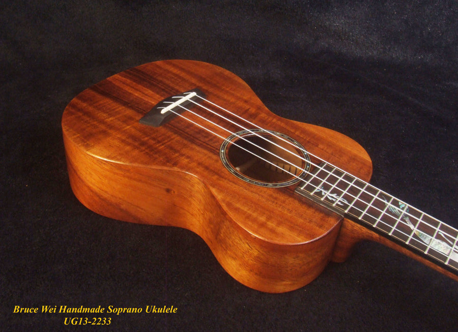 Handmade Solid Hawaiian Koa Soprano Ukulele, Mermaid, Turtle Inlay, Soft-bag, Bruce Wei UG13-2233
