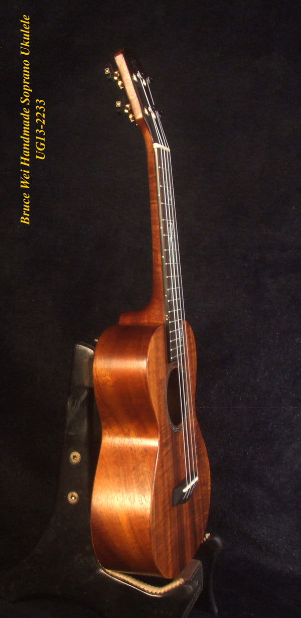 Handmade Solid Hawaiian Koa Soprano Ukulele, Mermaid, Turtle Inlay, Soft-bag, Bruce Wei UG13-2233