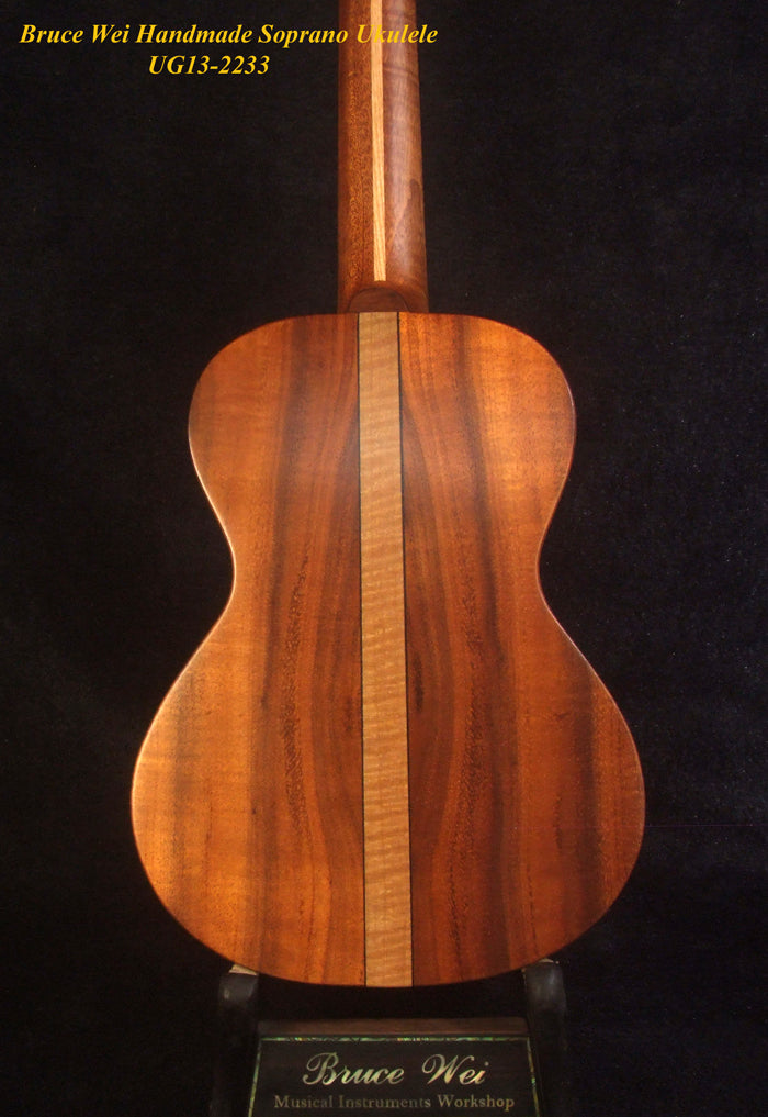 Handmade Solid Hawaiian Koa Soprano Ukulele, Mermaid, Turtle Inlay, Soft-bag, Bruce Wei UG13-2233