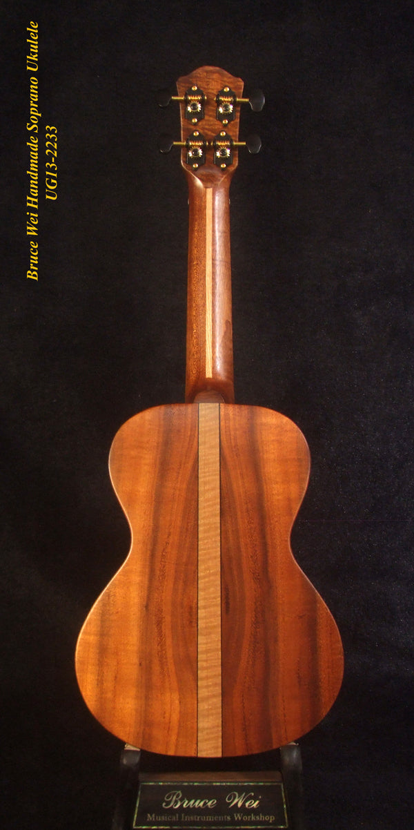 Handmade Solid Hawaiian Koa Soprano Ukulele, Mermaid, Turtle Inlay, Soft-bag, Bruce Wei UG13-2233