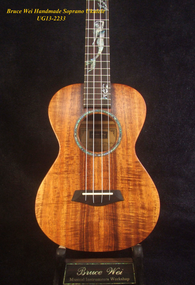 Handmade Solid Hawaiian Koa Soprano Ukulele, Mermaid, Turtle Inlay, Soft-bag, Bruce Wei UG13-2233